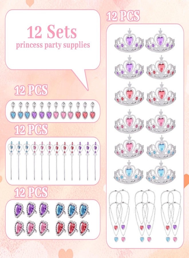 Sploziia 12 Set Princess Party Favors 4 Colors Princess Birthday Party Decorations Pretend Play Costume Dress up Accessories Jewelry Set Plastic Crown Fairy Wands Ring Earring Necklace - Image 3
